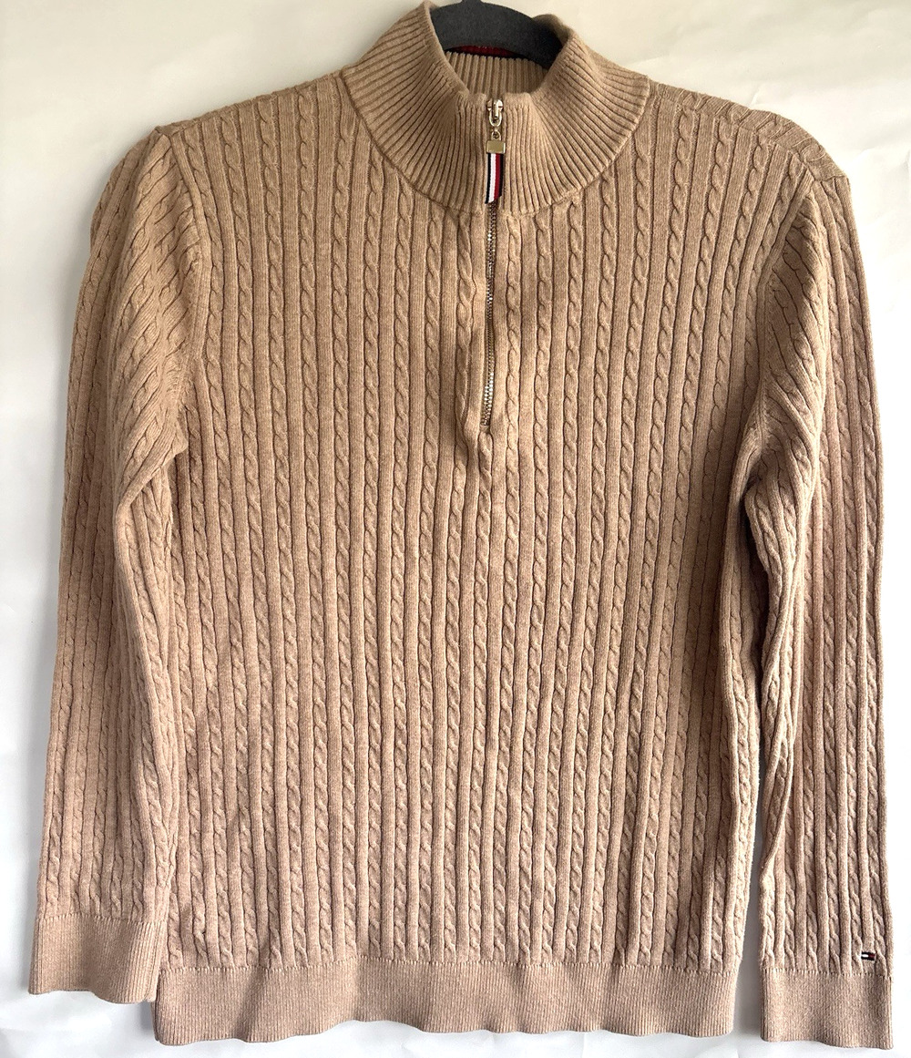 Tommy Hilfiger Womens 1/4 Zip Sweater Size M Tan Beige Knit Logo Pullover